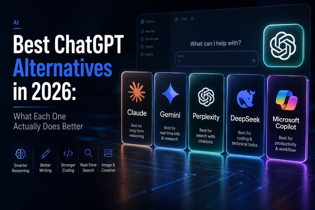 Premium editorial graphic comparing the best ChatGPT alternatives in 2026, featuring Claude, Gemini, Perplexity, DeepSeek, and Microsoft Copilot alongside their strengths in reasoning, research, search, coding, writing, and productivity.