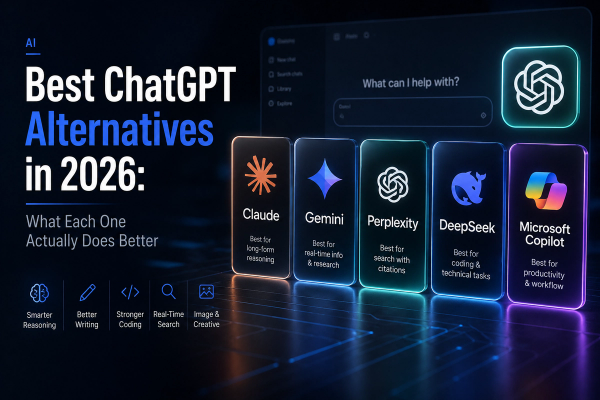 Premium editorial graphic comparing the best ChatGPT alternatives in 2026, featuring Claude, Gemini, Perplexity, DeepSeek, and Microsoft Copilot alongside their strengths in reasoning, research, search, coding, writing, and productivity.