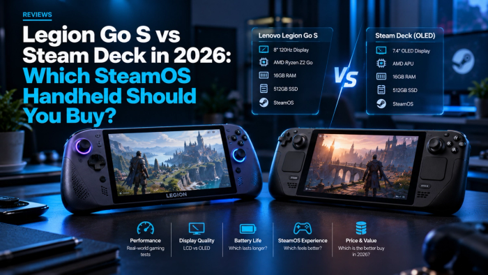 Legion Go S vs Steam Deck OLED comparison hero image featuring both SteamOS handhelds side by side, with a specifications comparison highlighting display, processor, RAM, storage, performance, battery life, SteamOS experience, and price in 2026.