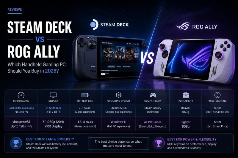 Detailed comparison infographic contrasting the Steam Deck and ROG Ally in 2026. The dark, editorial-style layout places the two handheld gaming PCs side by side with a glowing “VS” divider and highlights key comparison categories, including performance, display, battery life, operating system, game compatibility, portability, and starting price. A summary section at the bottom emphasizes the Steam Deck for simplicity and ecosystem integration, while the ROG Ally is presented as the stronger choice for performance and flexibility.