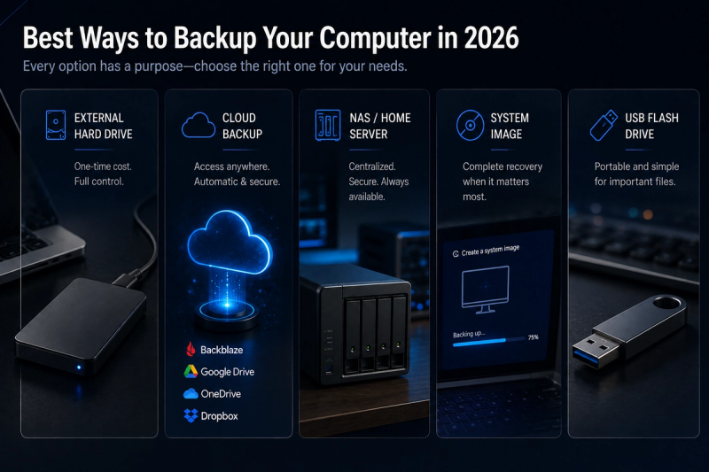 Comparison graphic showing five computer backup options in 2026: an external hard drive, cloud backup, NAS or home server, system image, and USB flash drive, displayed in a dark blue technology-themed layout.