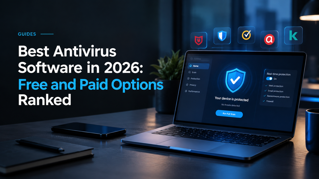Laptop displaying an antivirus security dashboard with a shield icon, scan controls, and protection settings on a dark blue-lit desk, illustrating free and paid antivirus software options in 2026.