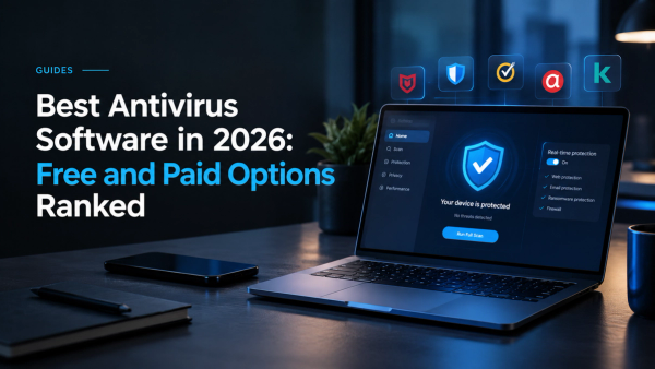 Laptop displaying an antivirus security dashboard with a shield icon, scan controls, and protection settings on a dark blue-lit desk, illustrating free and paid antivirus software options in 2026.