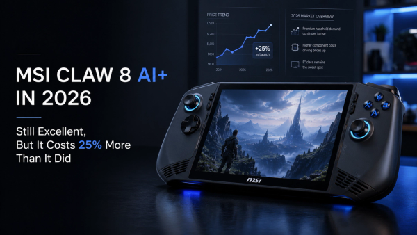 MSI Claw 8 AI+ handheld gaming PC on a dark studio background with blue ambient lighting, alongside a price trend chart showing a 25% increase and the headline "MSI Claw 8 AI+ in 2026: Still Excellent, But It Costs 25% More Than It Did," designed as a premium editorial hero image for a technology review article.