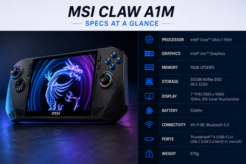 Infographic showing the MSI Claw A1M specifications at a glance, including the Intel Core Ultra processor, Intel Arc graphics, 16GB LPDDR5 memory, 512GB SSD, 7-inch 120Hz display, and 53Wh battery.