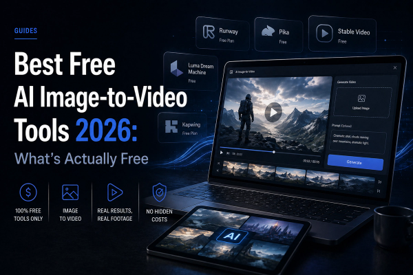 Premium editorial illustration for a guide to the best free AI image-to-video tools in 2026, featuring a futuristic AI video-generation interface with animated visual elements and a dark blue technology theme.
