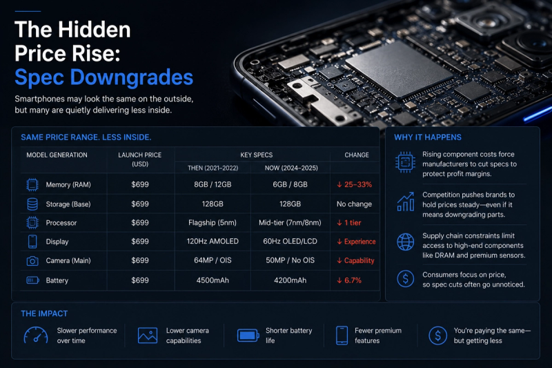 Editorial infographic explaining hidden smartphone price increases through spec downgrades, comparing memory, processors, displays, cameras, and batteries while showing how rising component costs and supply constraints can result in fewer features for the same price.
