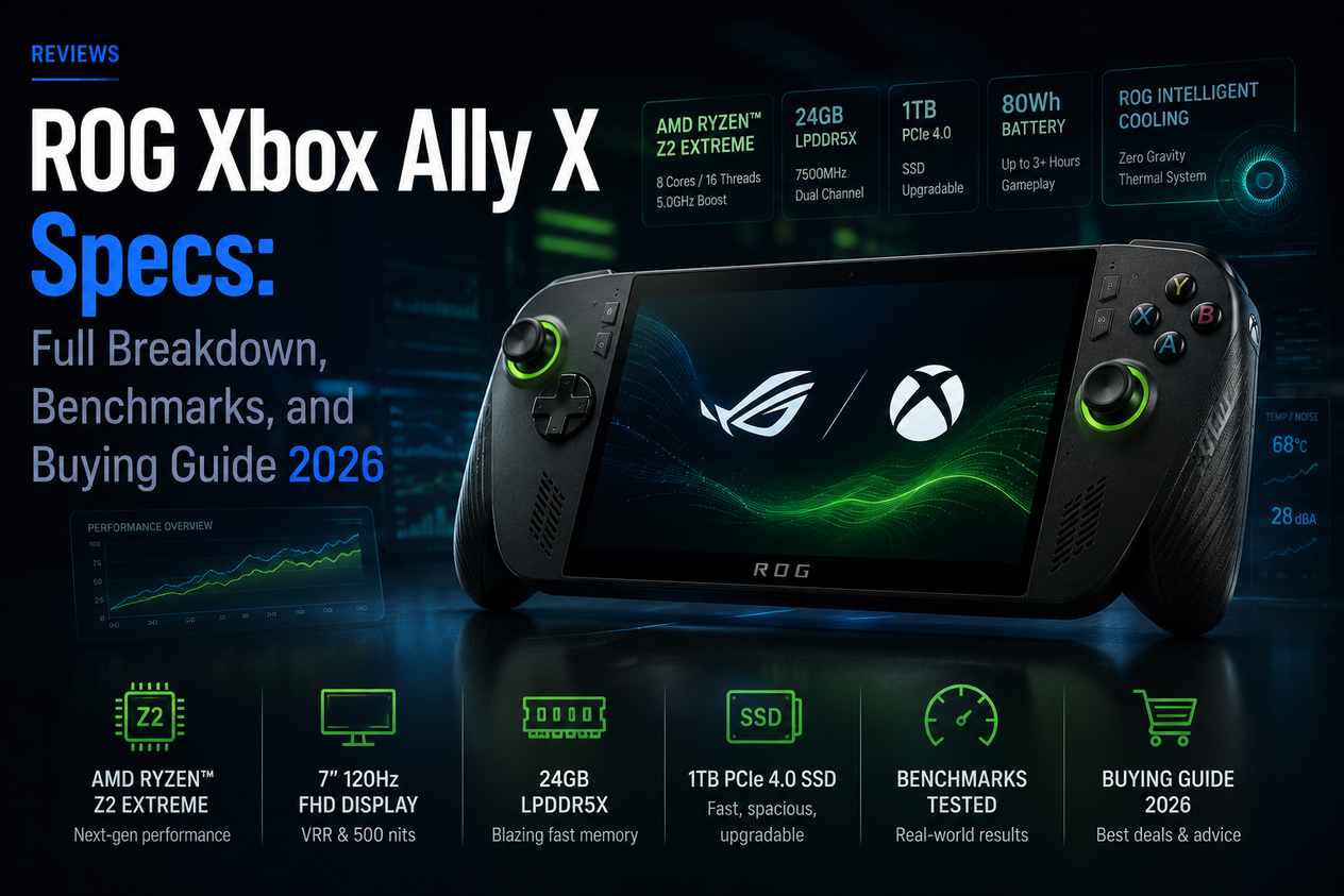 ROG Xbox Ally X handheld gaming PC with AMD Ryzen Z2 Extreme specs, 24GB memory, 1TB storage, 80Wh battery, benchmark graphics, and 2026 buying guide highlights.