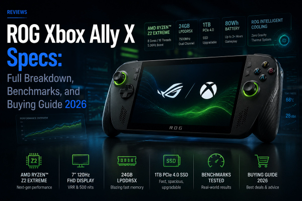 ROG Xbox Ally X handheld gaming PC with AMD Ryzen Z2 Extreme specs, 24GB memory, 1TB storage, 80Wh battery, benchmark graphics, and 2026 buying guide highlights.