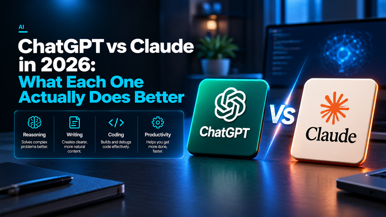 ChatGPT vs Claude comparison graphic for 2026, featuring both AI logos against a dark, blue-lit technology background with key comparison categories for reasoning, writing, coding, and productivity.