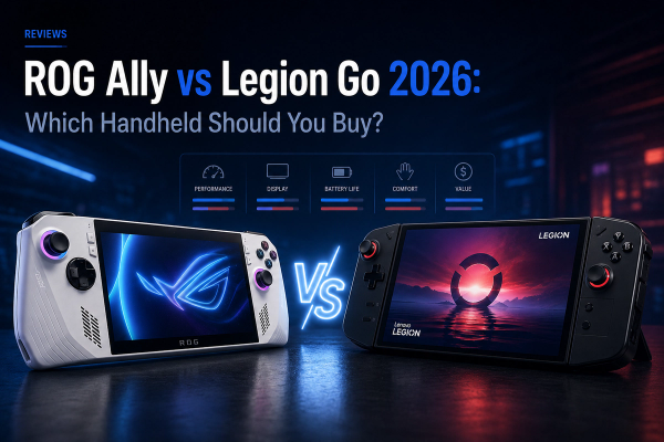 ROG Ally and Lenovo Legion Go handheld gaming PCs facing each other in a dramatic 2026 comparison graphic, with a glowing VS symbol between them and performance, display, battery life, comfort, and value comparison indicators.