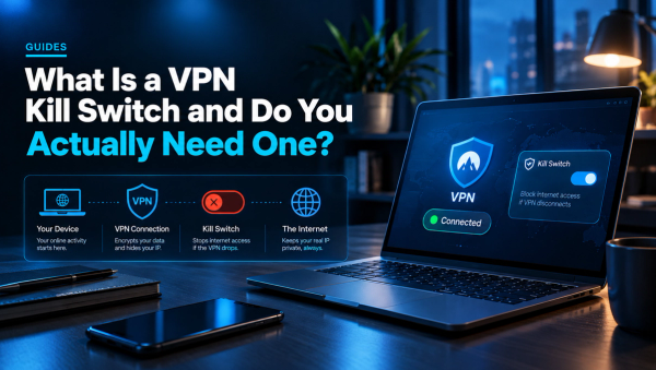 Padlock icon over a network connection diagram representing VPN kill switch protection