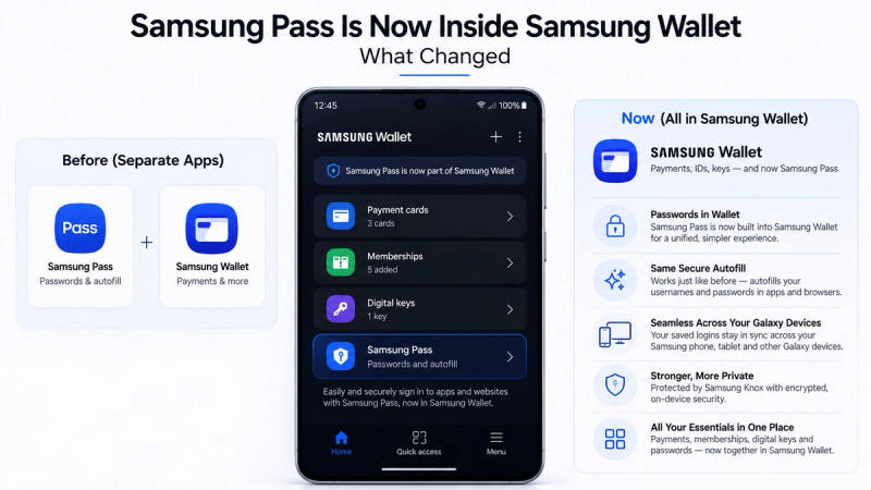 Inline editorial infographic comparing Samsung Pass before and after its integration into Samsung Wallet, showing separate Pass and Wallet apps transitioning to a unified Wallet experience with passwords, secure autofill, Galaxy device syncing, Samsung Knox protection, payments, IDs, and digital keys.
