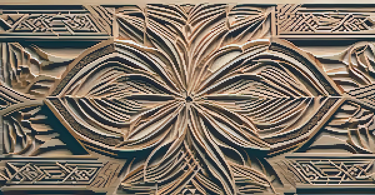 A close-up of intricate chip carving designs on wood, with tools arranged around it.