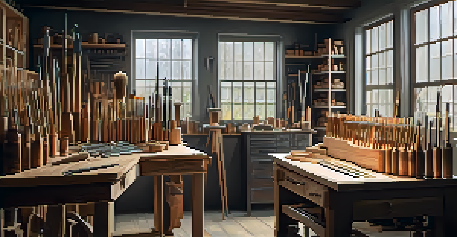 An artist's workshop showcasing traditional and modern carving tools, bathed in soft light.