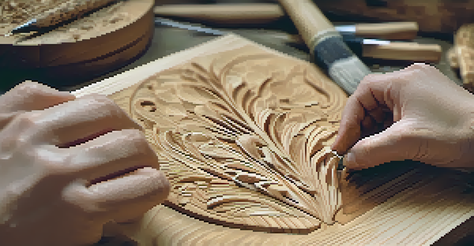 Close-up of hands carving a design into wood, surrounded by wood shavings.
