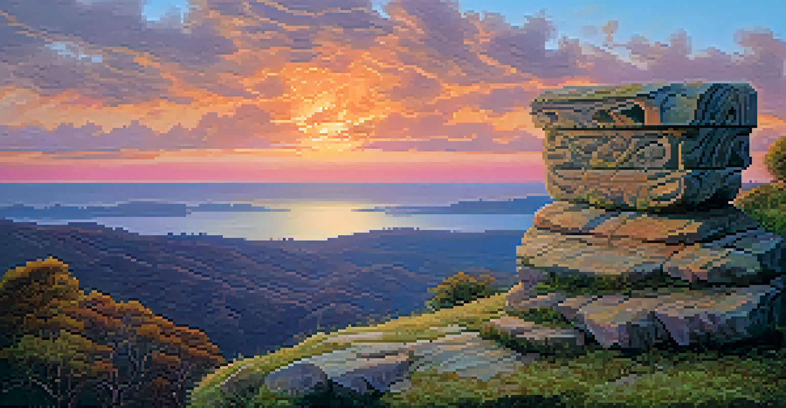A weathered stone carving on a cliff at sunset, surrounded by vibrant colors in the sky and moss on the stone.