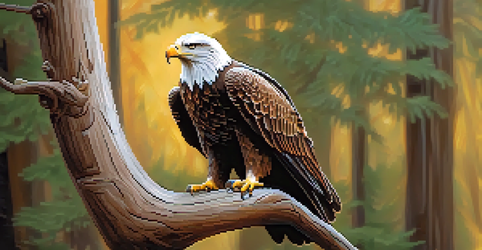 A wooden carving of an eagle on a branch with detailed feathers, set against a blurred forest background with soft sunlight.
