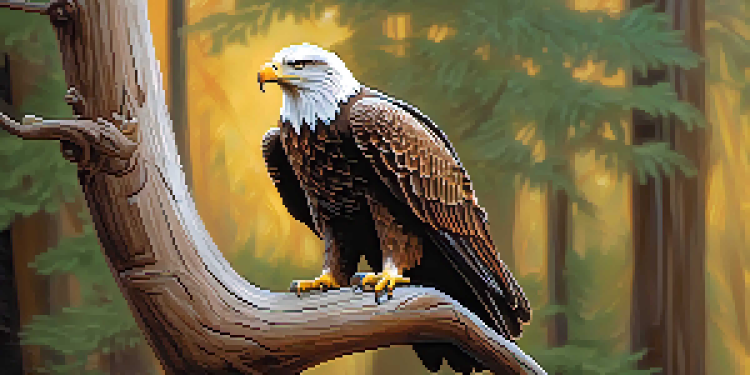 A wooden carving of an eagle on a branch with detailed feathers, set against a blurred forest background with soft sunlight.