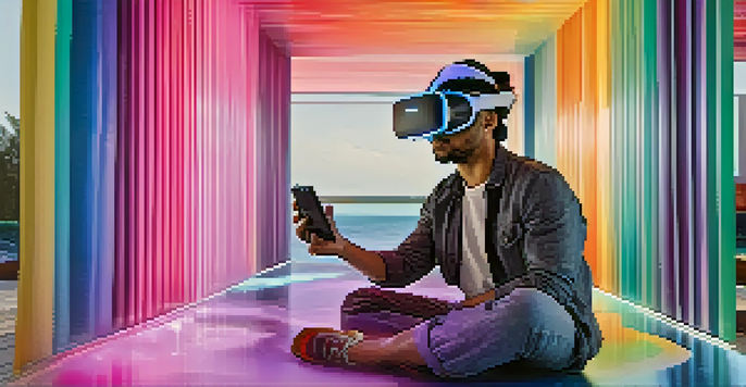 A virtual reality artist in a digital studio, creating colorful 3D sculptures with a VR headset and controllers.