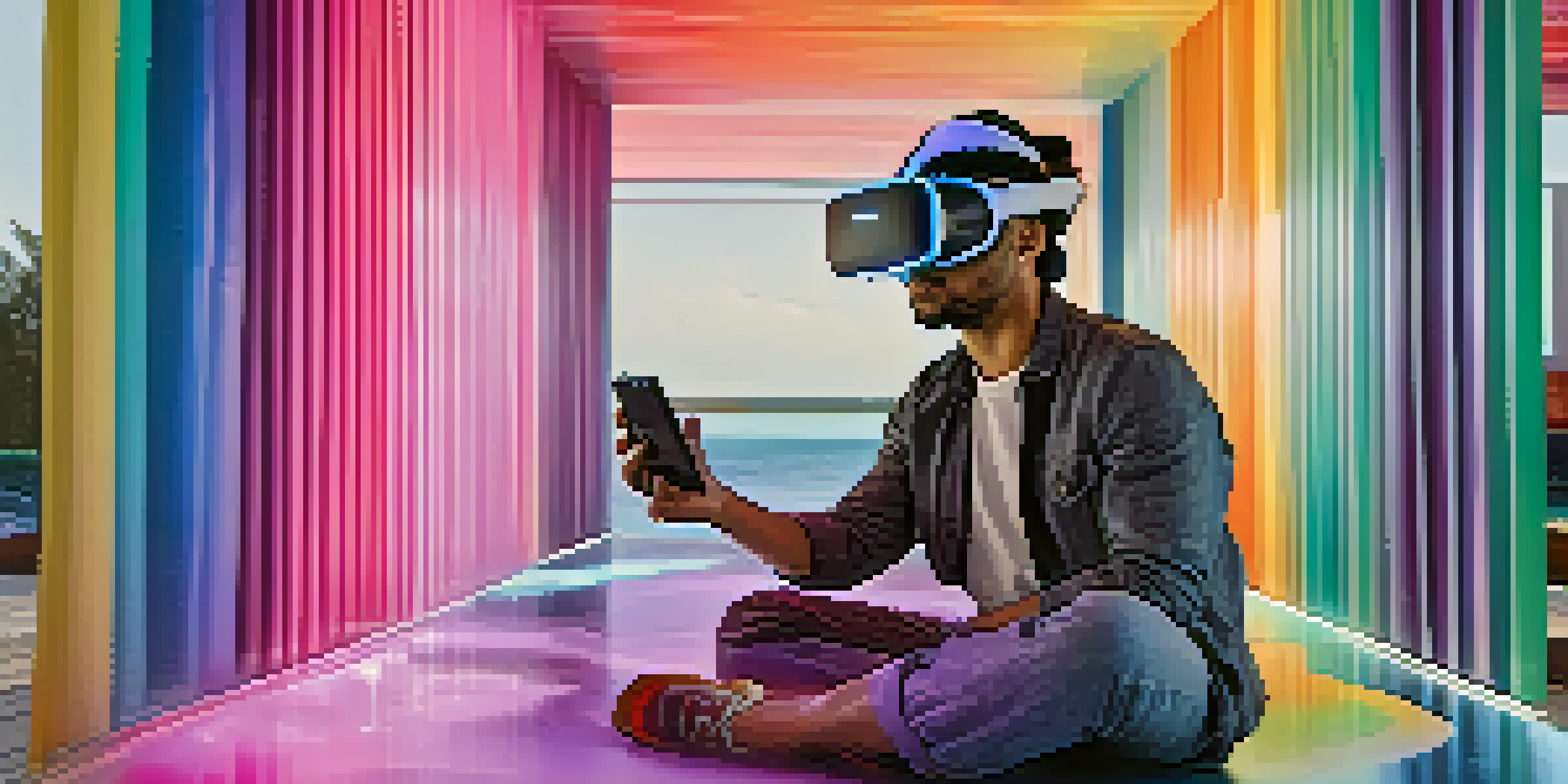 A virtual reality artist in a digital studio, creating colorful 3D sculptures with a VR headset and controllers.