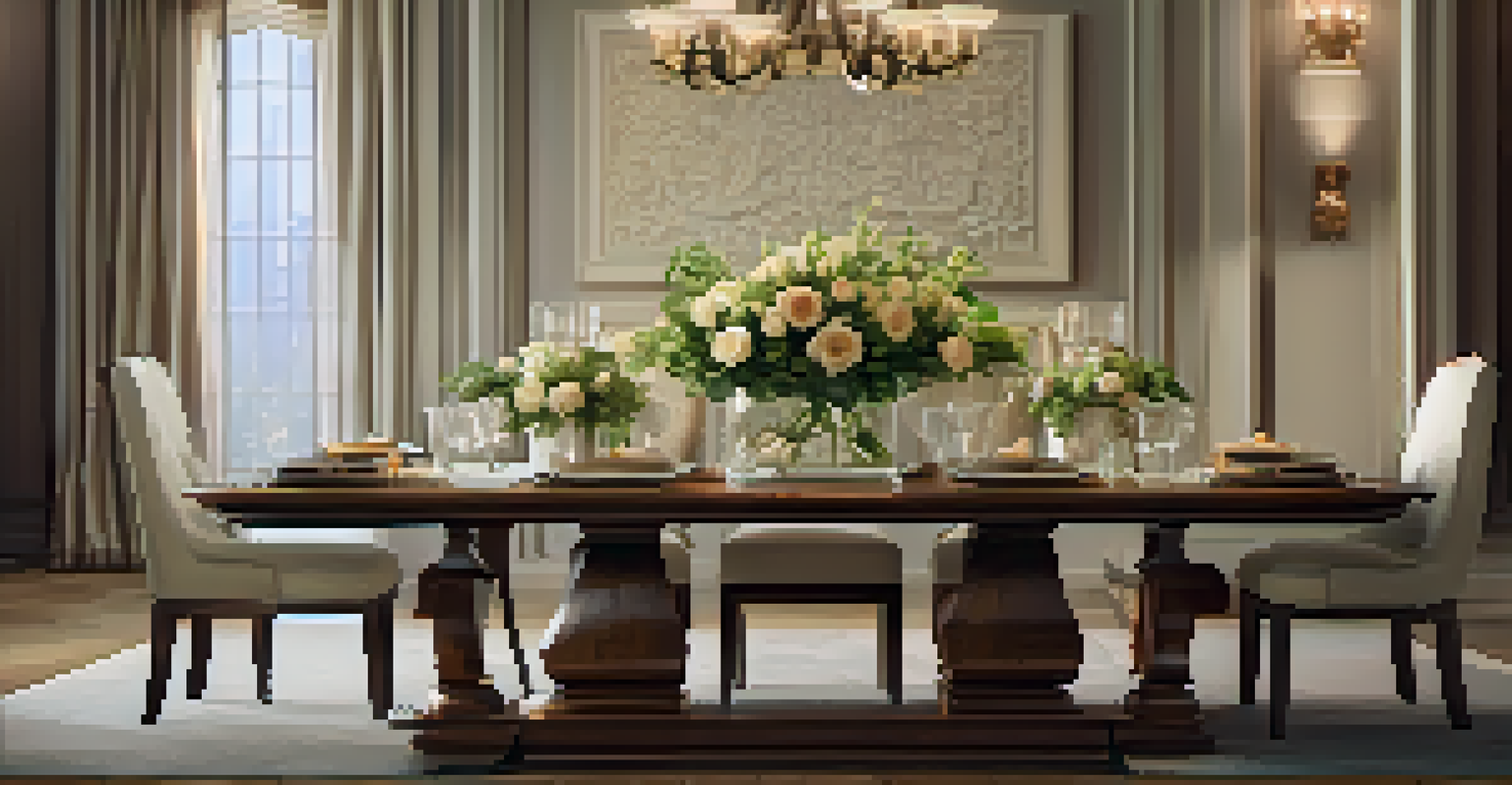 A carved wooden dining table set with fresh flowers and candlelight, showcasing ornate details in a modern dining room with neutral tones.