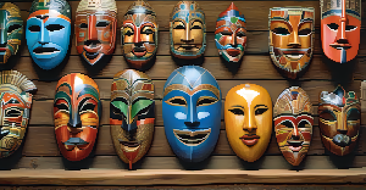 A collection of colorful carved wooden masks from different cultures on a rustic table, highlighting intricate designs and craftsmanship.