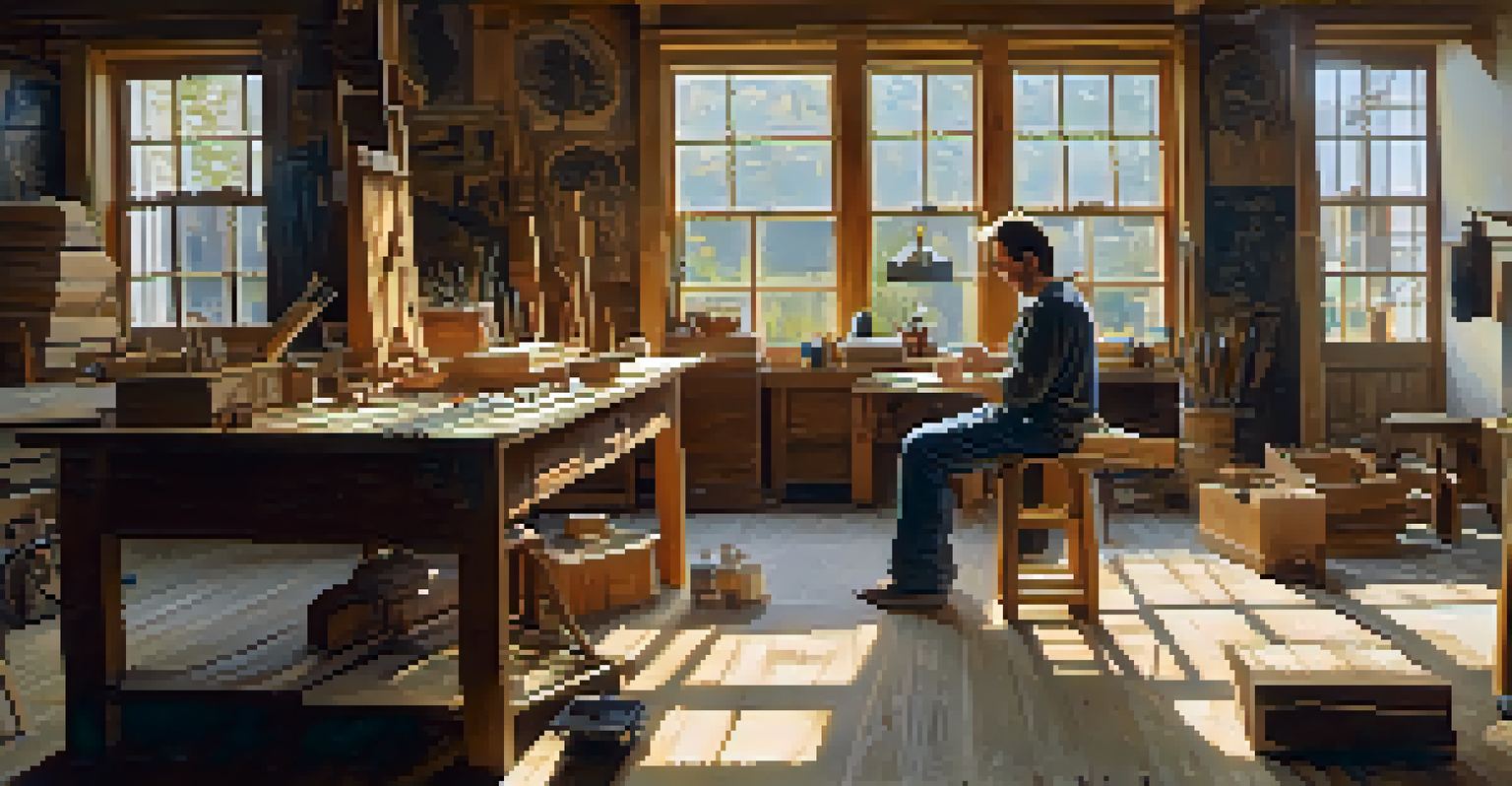 An artist carving a lifelike divine figure in a sunlit workshop, surrounded by tools and wood shavings, with sunlight illuminating the scene.