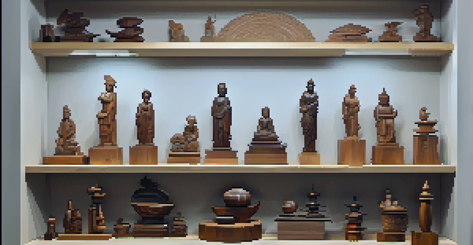 A collection of wooden sculptures displayed on a shelf, each in protective containers with warm lighting accentuating their details.