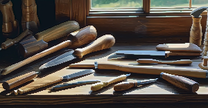 An assortment of wood carving tools displayed on a wooden table, illuminated by natural light.