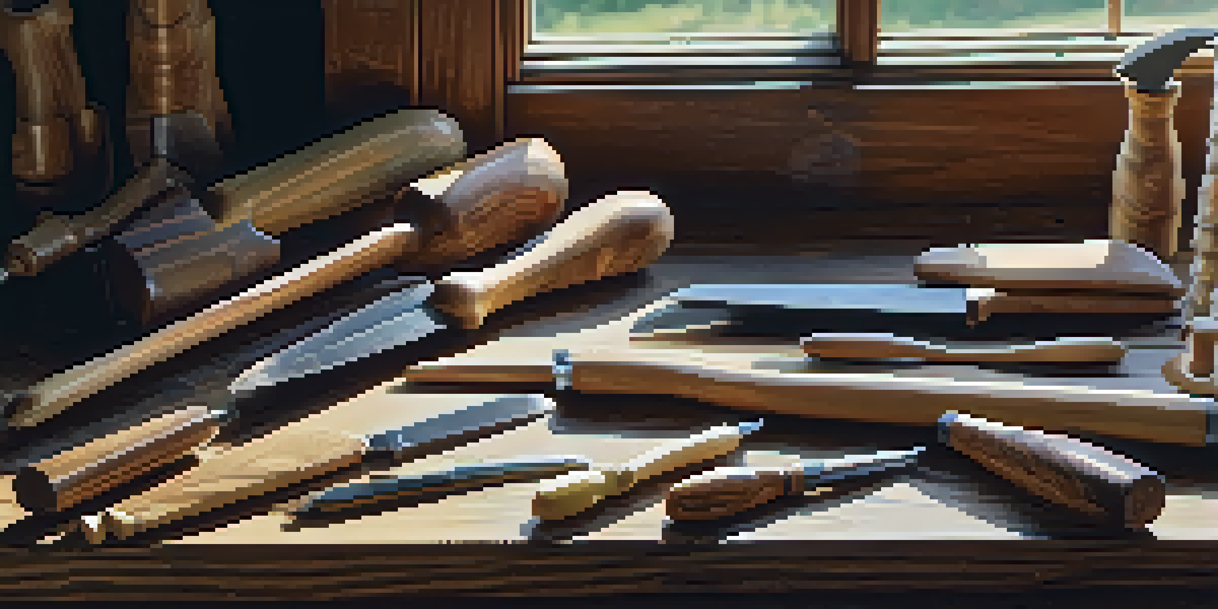 An assortment of wood carving tools displayed on a wooden table, illuminated by natural light.