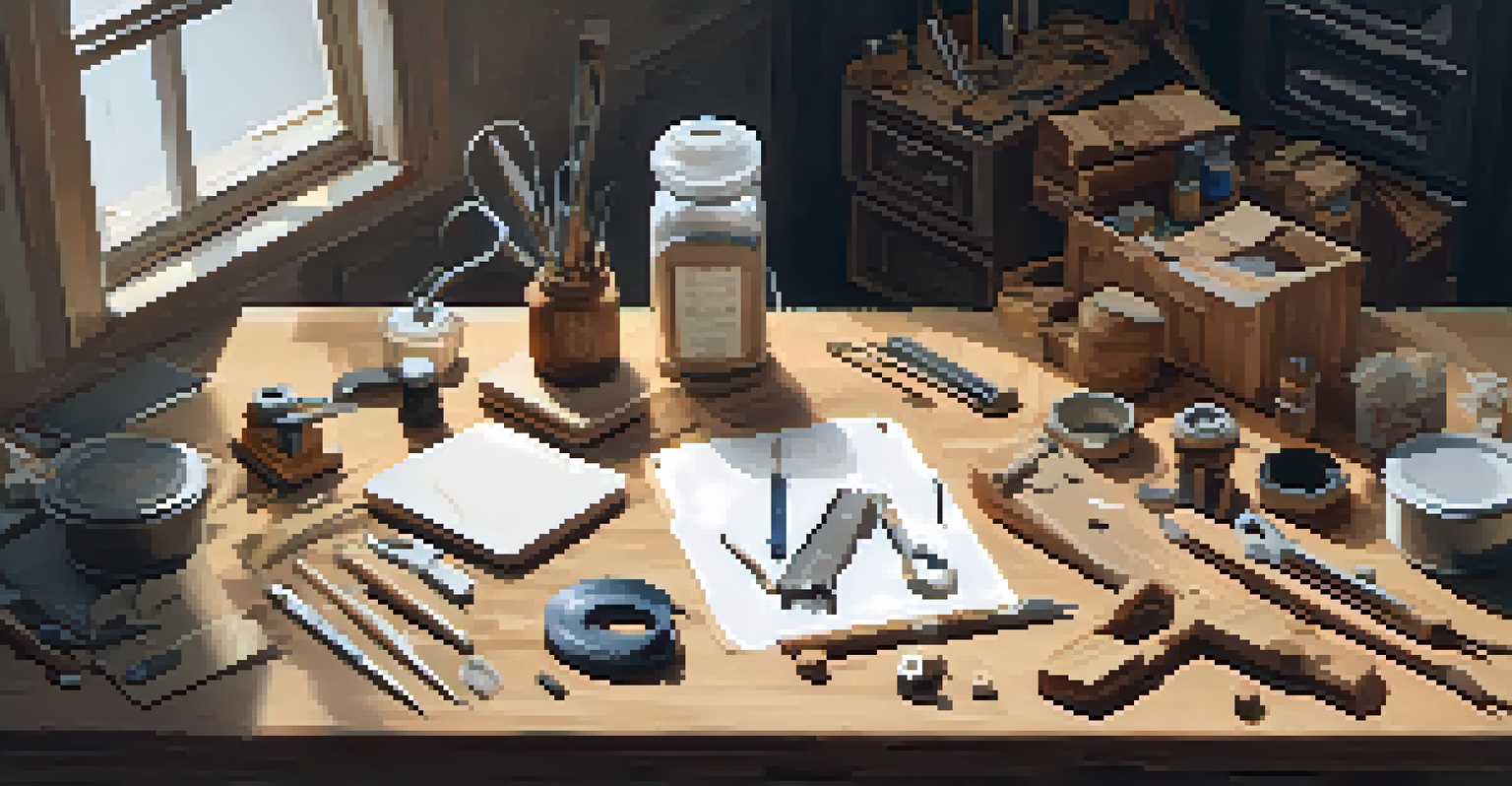 An overhead view of a tidy carving workspace with tools and a first aid kit, showcasing a clean and safe environment.