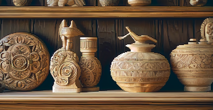 Close-up of intricately carved wooden sculptures on a rustic table with warm lighting and blurred greenery in the background.