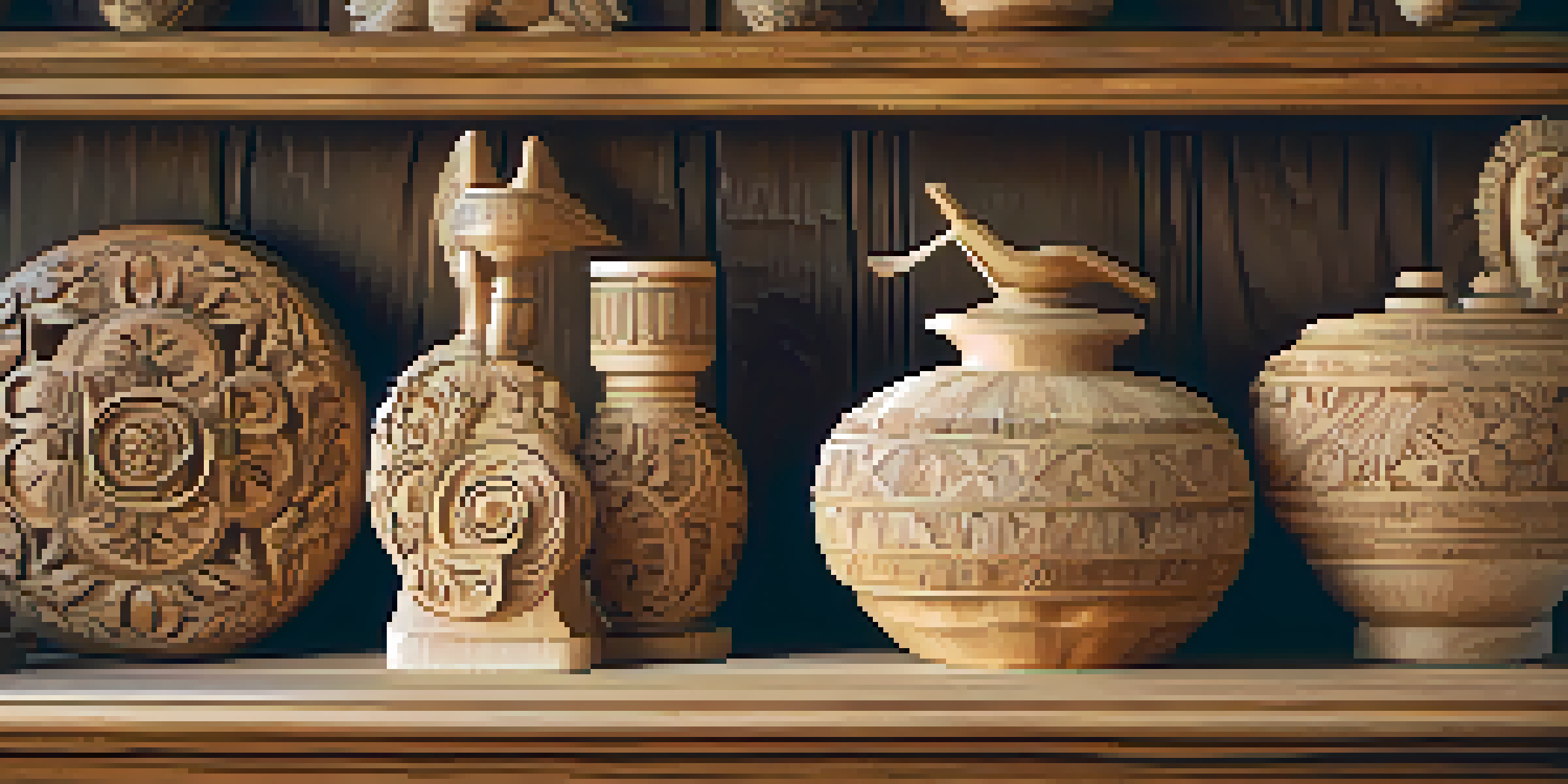 Close-up of intricately carved wooden sculptures on a rustic table with warm lighting and blurred greenery in the background.