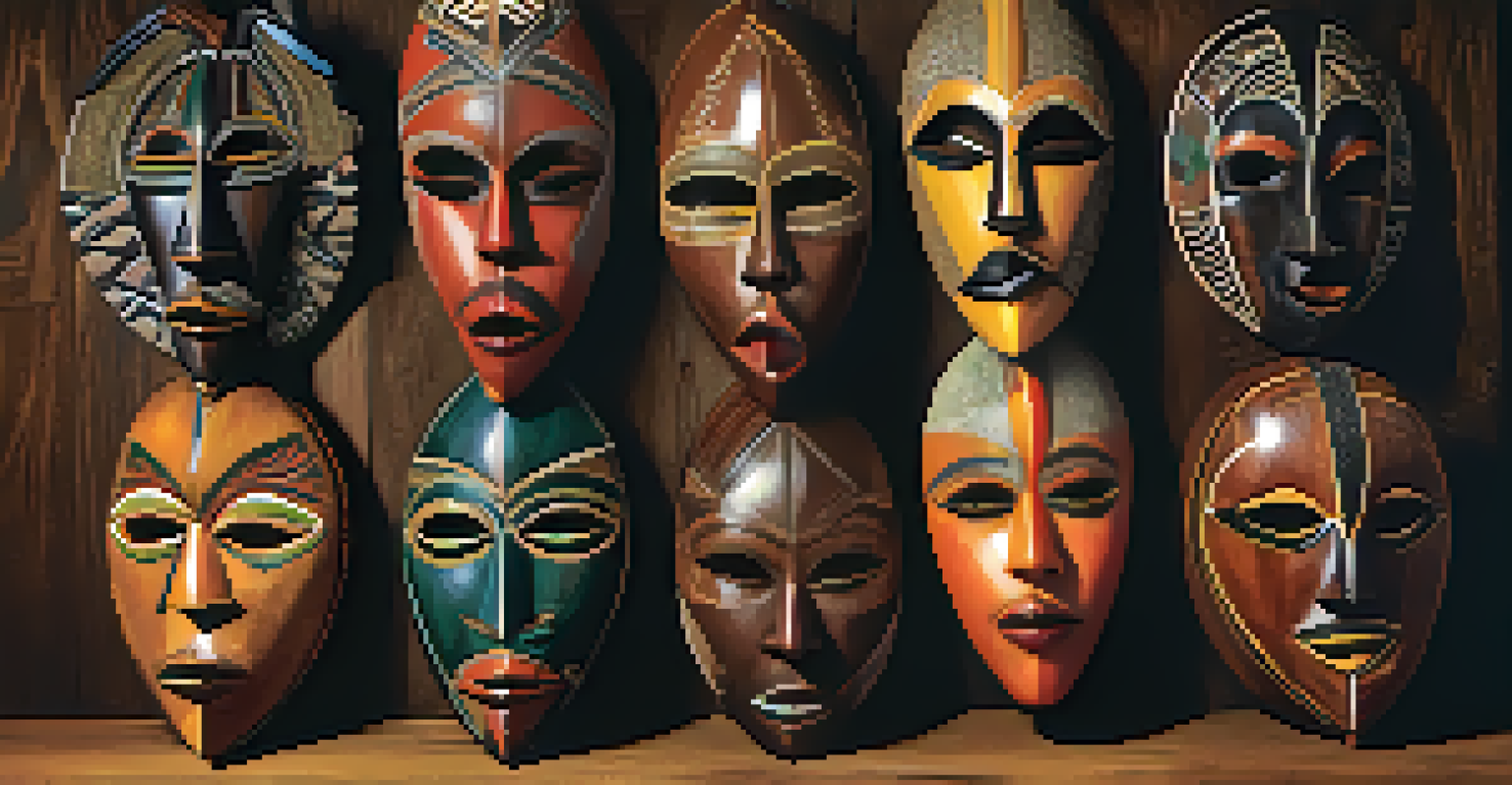A collection of traditional African masks displayed on a wooden table, showcasing their intricate carvings and textures.