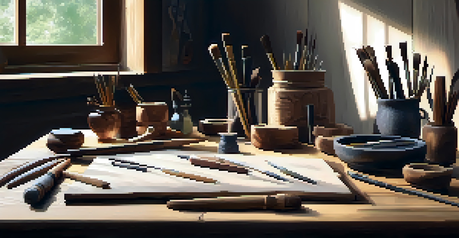 An artist's workspace with carving tools and an open sketchbook filled with nature designs.