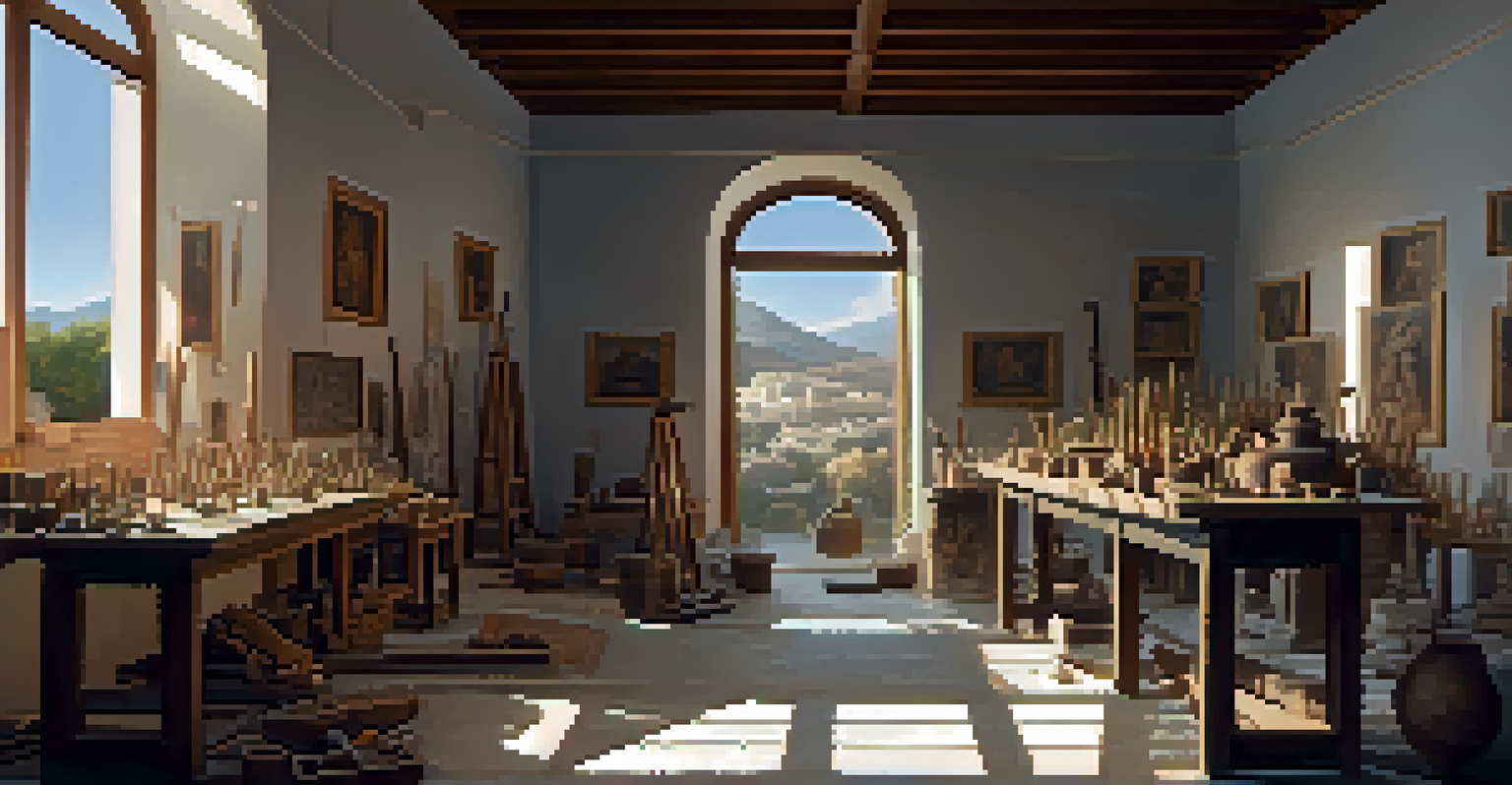 An ancient Greek artist's workshop with chisels and hammers, the artist is working surrounded by marble blocks and sculptures, illuminated by warm light from a window.