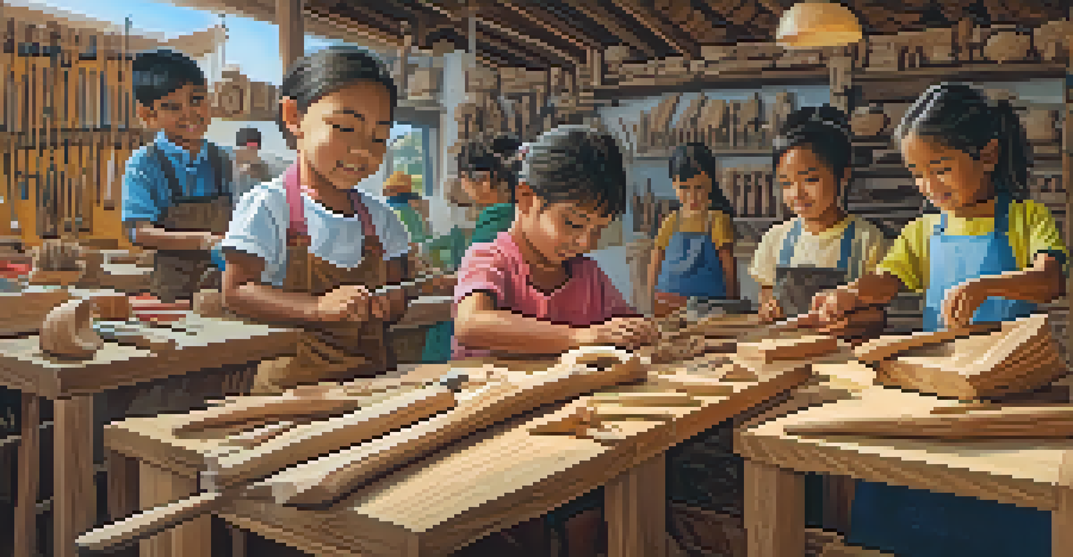 A community workshop scene with artisans teaching children to carve wood, showcasing a vibrant atmosphere filled with creativity and collaboration.
