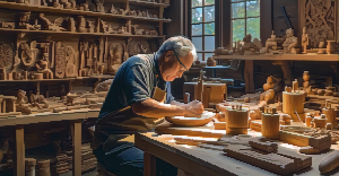 A woodworker diligently carving a piece of wood in a warmly lit workshop filled with tools and wooden sculptures.