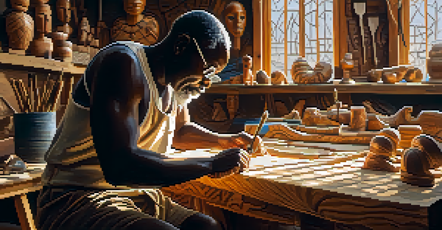 An African woodcarver working on a traditional mask in a bright workshop filled with tools and wood shavings.