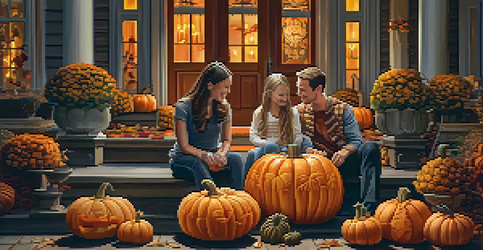 A family gathered around a beautifully carved pumpkin, illuminated and surrounded by autumn leaves.
