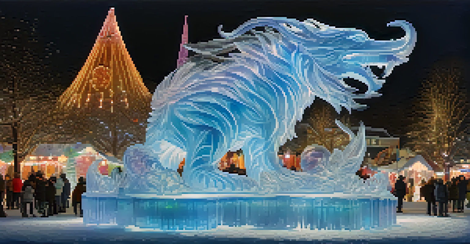 An intricate ice sculpture of a mythical creature illuminated by colorful festival lights.