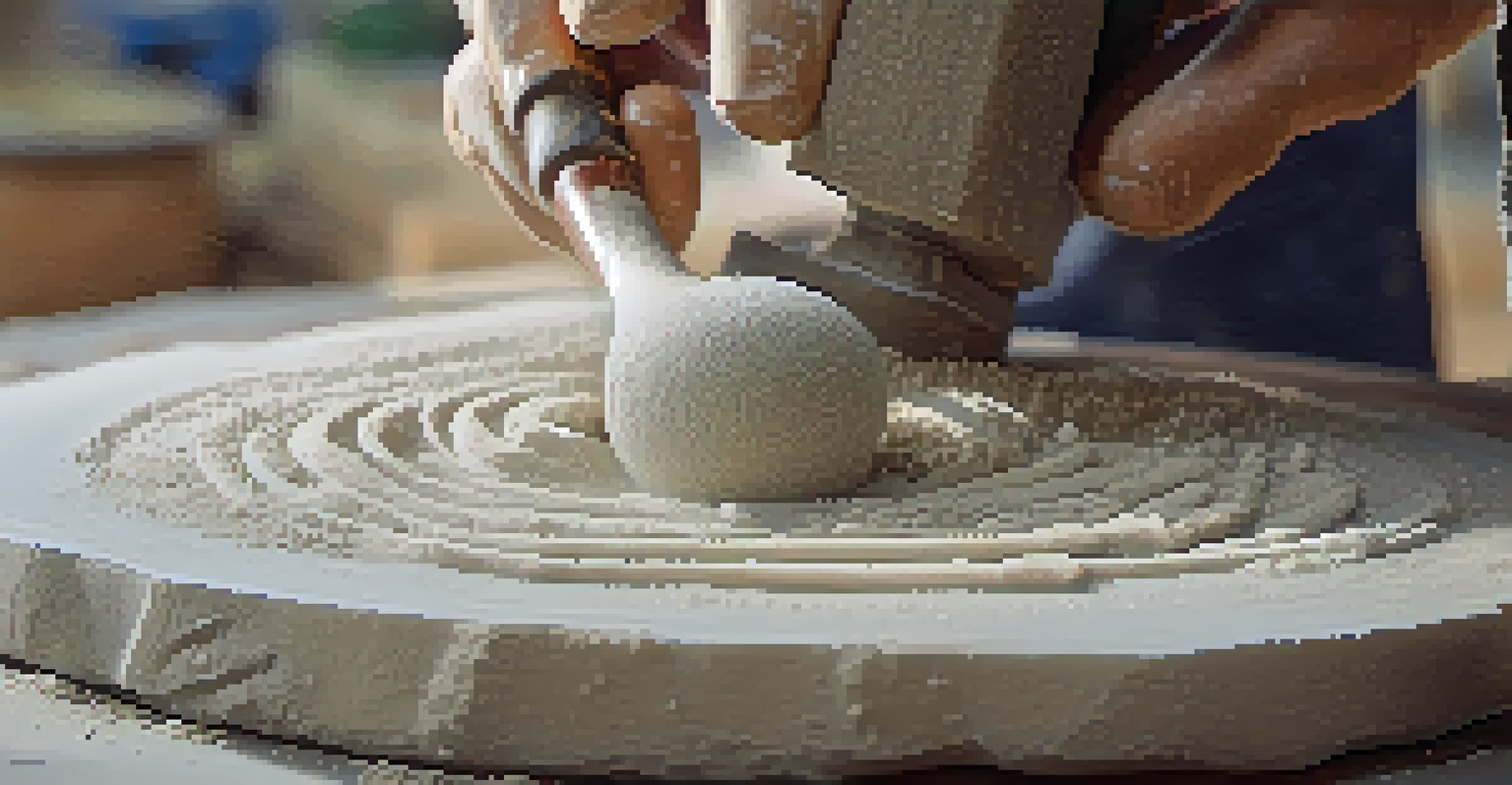 A close-up of a stone carving with a chisel and hammer, capturing the fine dust and precision of the carving process.