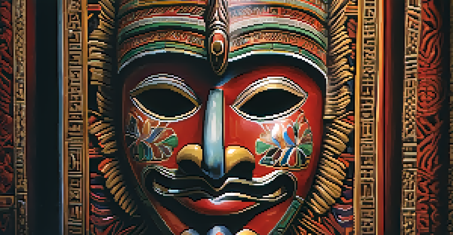 A close-up view of a carved mask with intricate details and vibrant colors, illuminated by dramatic lighting.
