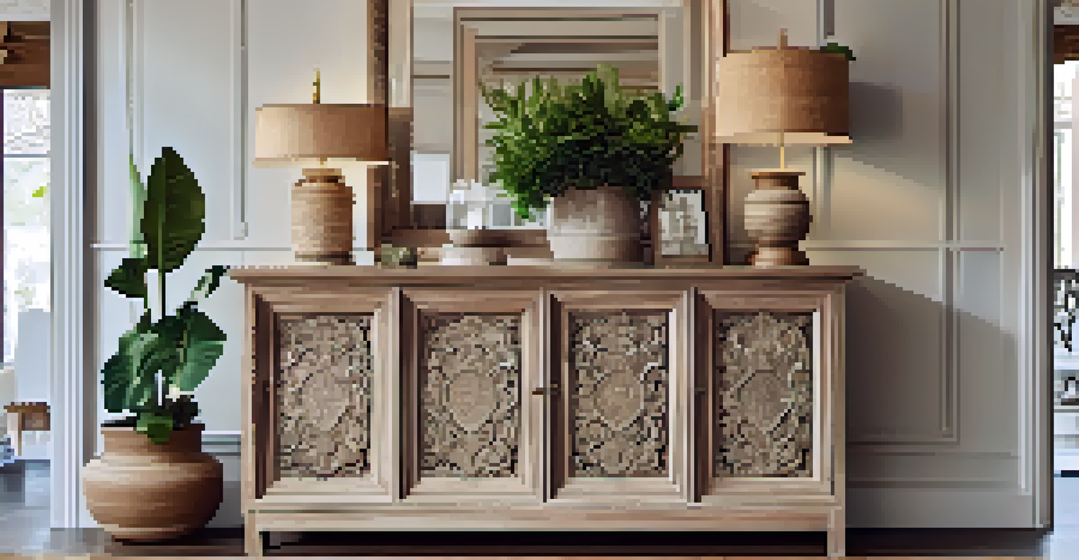 A carved sideboard in an entryway, adorned with plants and a vintage mirror, made from reclaimed wood.