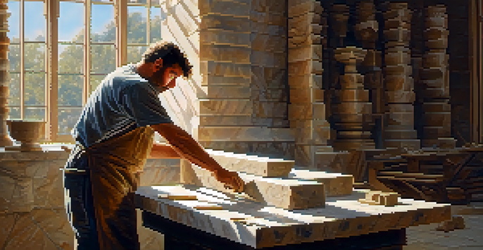 A stone carver chiseling a marble block in a bright workshop, with tools and sunlight enhancing the atmosphere.