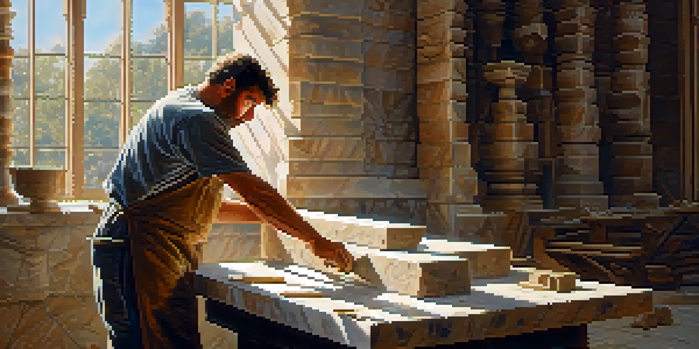 A stone carver chiseling a marble block in a bright workshop, with tools and sunlight enhancing the atmosphere.