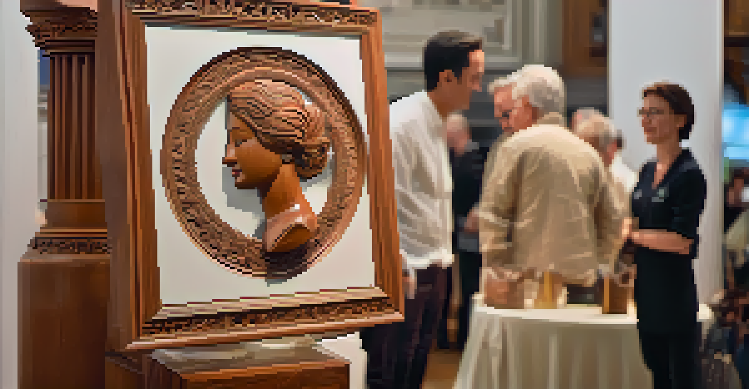 A close-up view of a hand-carved wooden sculpture with intricate details and soft spotlighting, surrounded by blurred attendees.
