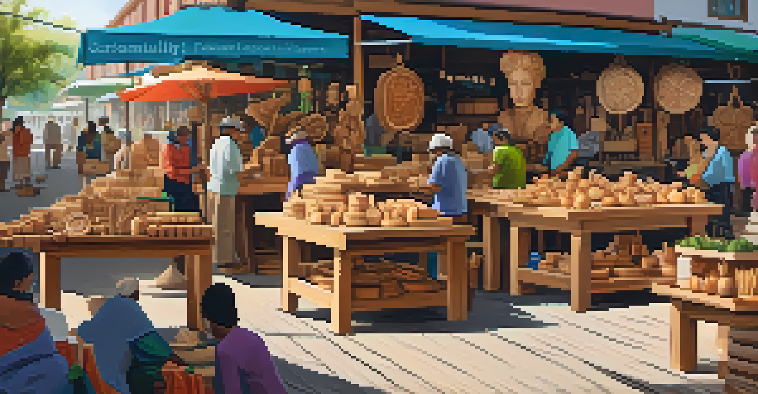 Artisans showcasing sustainable wooden carvings at a vibrant market, with consumers interacting.