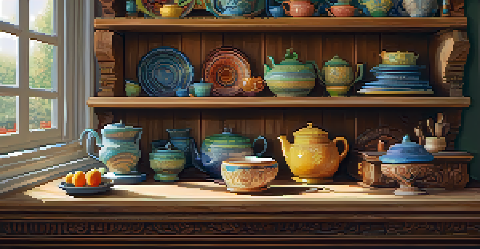 A rustic kitchen with a carved wooden shelf displaying colorful pottery and cookbooks, illuminated by warm sunlight.